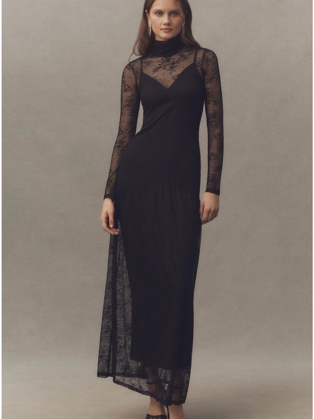NWT AFRM Amala High-Neck Long-Sleeve Stretch Lace Maxi Dress